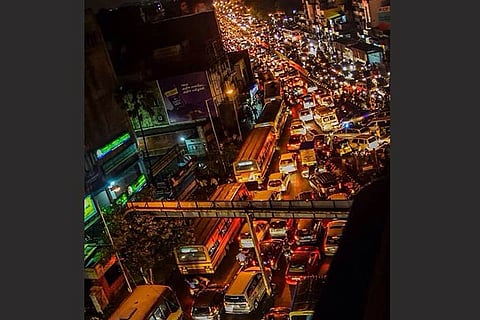 An aerial view of the Mount Road, which witnessed a major traffic jam on Monday