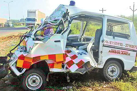 Woman, son carrying hubby’s body in ambulance-bus smash