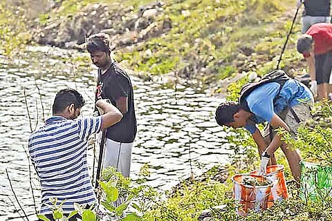 Environmentalist Foundation of India volunteers clean the Adambakkam lake and Ellai Amman Pond