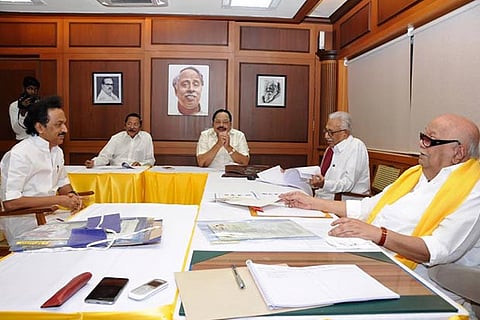 MK Stalin attending the interview session for poll ticket aspirants presided over by M Karunanidhi