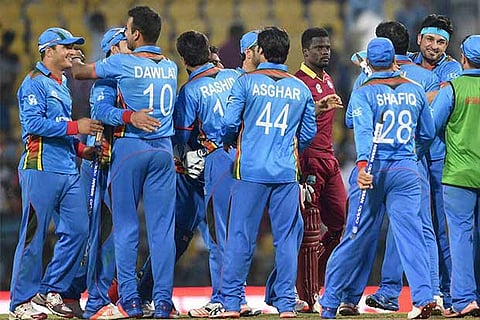 Afghanistan players celebrate their victory against West Indies during the ICC T20 World cup