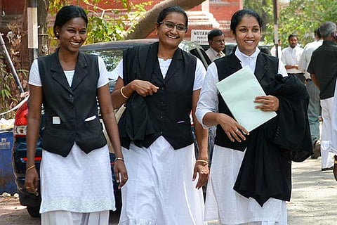 A group of young female lawyers on Madras High Court premises (Photo: Justin George)