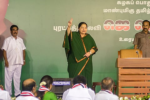CM J Jayalalithaa waving victory sign to crowd at her first election meeting (Photo: Justin George)