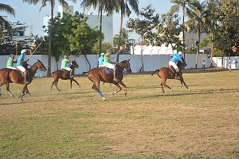 An exhibition polo match in progress at Dever India on Sunday
