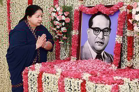 Jayalalithaa offering floral tributes to portrait of Ambedkar
