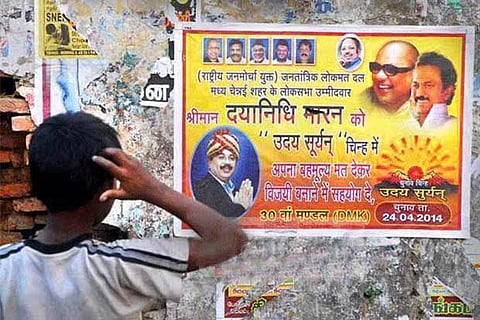 A file photo of DMK campaigning for Dayanidhi Maran to woo the Hindi-Speaking population in 2014