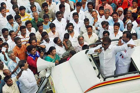 File Photo of Vijayakant canvassing votes.