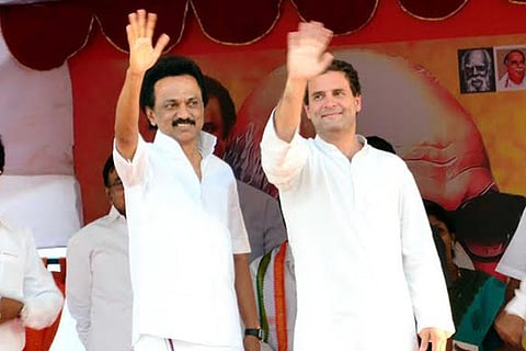 Rahul Gandhi and MK Stalin waving to the crowd (Photo: Imthias Ali)
