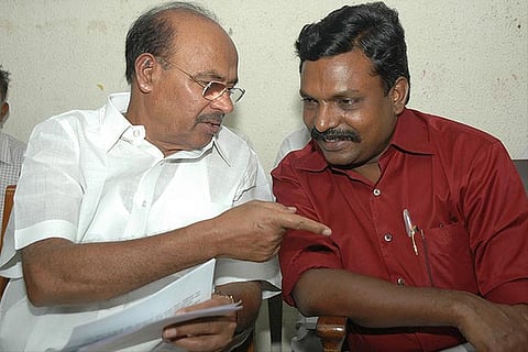 A file photo of PMK founder leader Ramadoss with  VCK leader Thirumavalavan