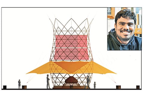 A model of the prototype of Warka Water in Salem; Insert Selva Ganapathy