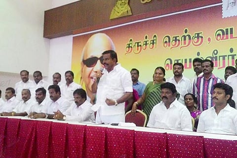 DMK?s Tiruchy district secretary KN Nehru addressing at the party?s working committee meeting