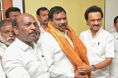 Velachery Manimaran, who joined DMK, with Saidapet MLA M Subramanian at Anna Arivalayam on Wednesday