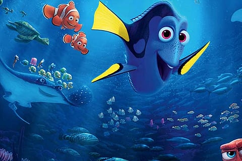 A still from the film Finding Dory, that has a Blue Tang fish as the primary character