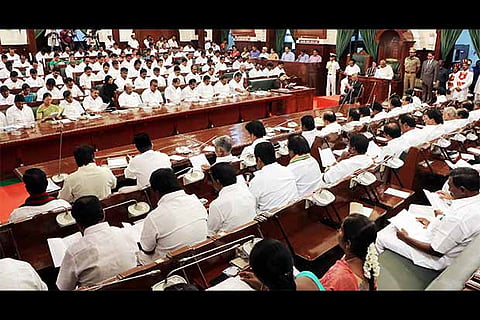 CM J Jayalalithaa addressing the ongoing Assembly (Insert: File photo of the 1991 TN Assembly)