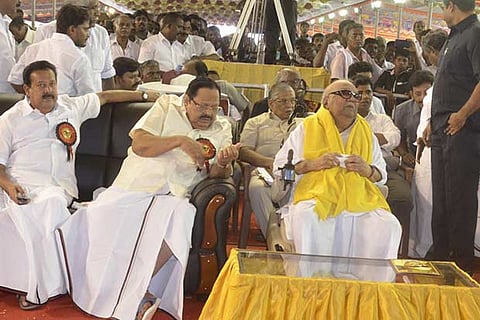DMK president M Karunanidhi with former ministers and senior funcationaries of the party