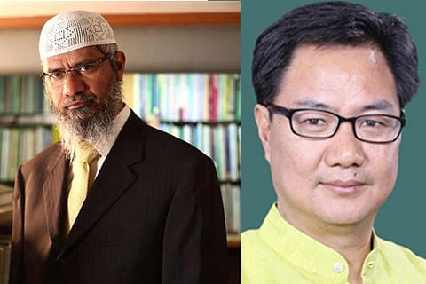 (L) Zakir Naik and (R) Kiren Rijiju, Minister of State for Home Affairs