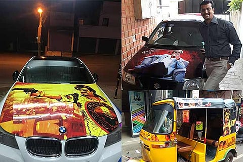 Fans pose proudly with their vehicles sporting Rajinikanth?s poster from the movie