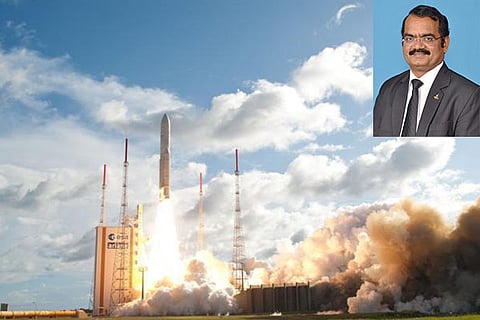 File photo of launch of INSAT-3D and (inset) ISRO Satellite Centre Director Maylsamy Annadurai