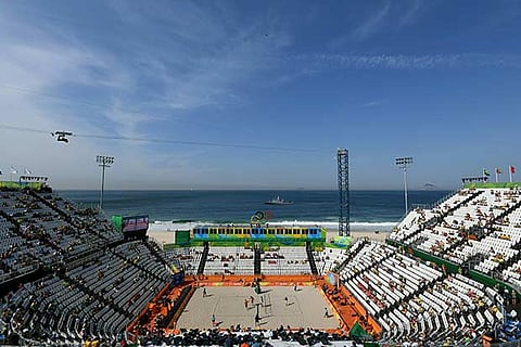 A view of the beach volleyball venue at the Coapcabana Beach in Rio de Janeiro