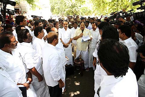 DMK MLAs in a novel demonstration outside the Assembly complex on Friday