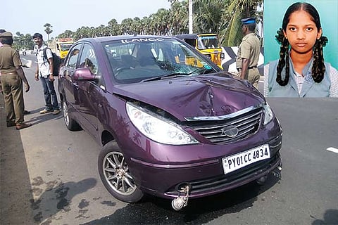 The vehicle that killed Sneha (inset), a Class 9 student on the East Coast Road on Monday