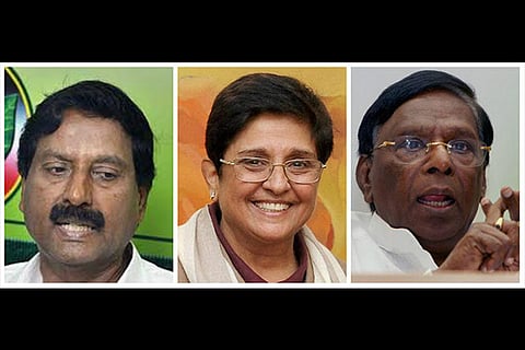 (L to R) AIADMK leader A Anbalagan, Lt Governor Kiran Bedi, Puducherry CM V Narayanasamy