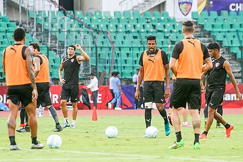 Chennaiyin FC players during a practice session at Jawaharlal Nehru Stadium