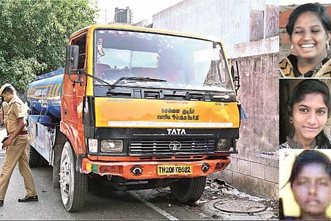 The tanker lorry which ran over the victims (from top) Chitra, Gayathri and Ayisha