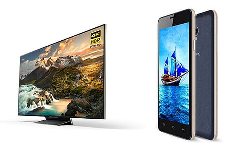 (L) Sony 4K HDR BRAVIA Android 3D Smart TV and (R) Intex Aqua Craze II