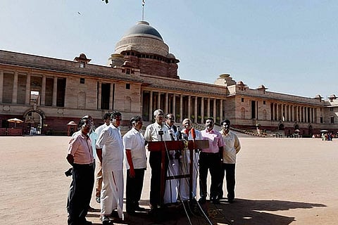 Vaiko, CPI's D Raja and other leaders talking to media after meeting President Pranab Mukherjee