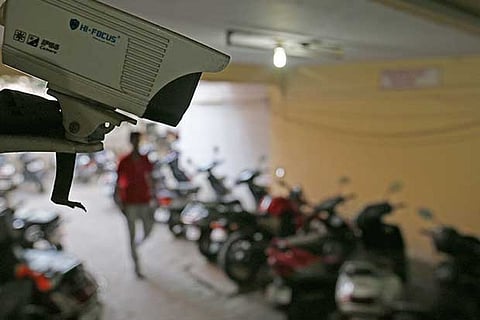 A CCTV camera that is installed in a private apartment complex in Egmore