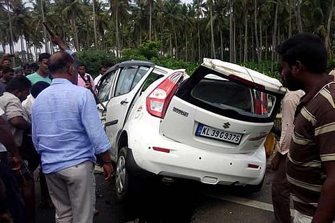 The car involved in a head on collision with a sand-laden lorry near Kulithalai