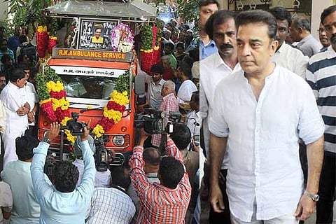 Mourners wait outside the residence of Balamuralikrishna in Alwarpet; Kamal Haasan