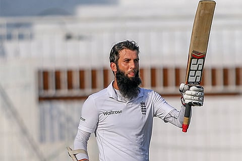Moeen Ali celebrates his century (Photo: Justin George)