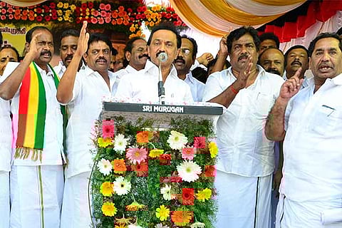 DMK Treasurer M K Stalin leading a party protest which was attended by leaders of other parties