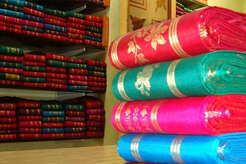 A file photo of Thirubuvanam silk sarees kept on display at a THICO store