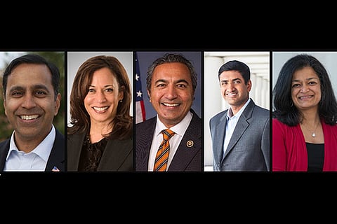 (L to R) Raja Krishnamoorthi, Kamala Harris, Ami Bera, Ro Khanna and Pramila Jayapal
