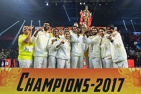 The victorious Chennai Smashers team after beating Mumbai Rockets 4-3 in the final