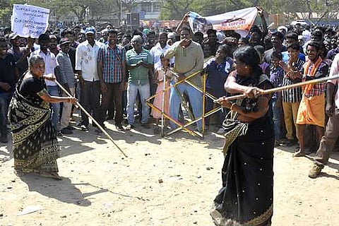 Women show their skill in wielding the stick at protest venue  in Trichy