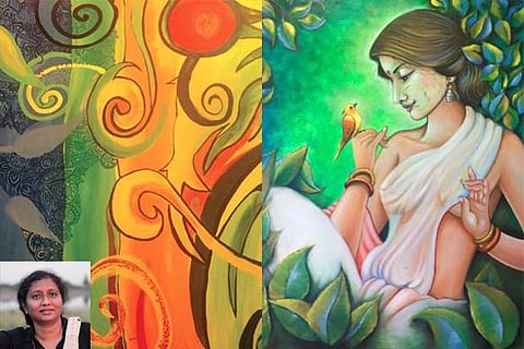 (From left) Artworks by artists Carmelita Roy and Gargi Sen; (inset) Kalpana Yuvarraj