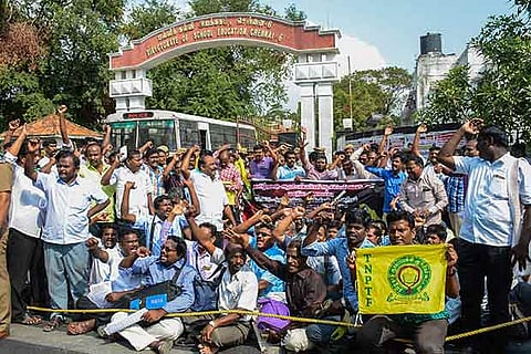 Members of the Tamil Nadu Primary School Teacher's Federation staging a protest