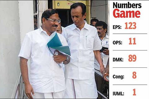 Ma Foi K Pandiarajan and S Semmalai leave the Assembly building after calling on the Speaker