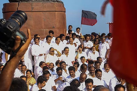 M K Stalin and other DMK leaders staging a protest near Gandhi Statue (Photos: Justin George)