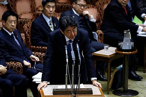 Japan?s PM Shinzo Abe speaks at the parliamentary session in Tokyo