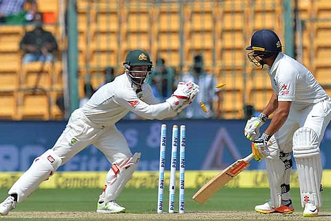 Matthew Wade stumps Karun Nair in the second Test at Bengaluru