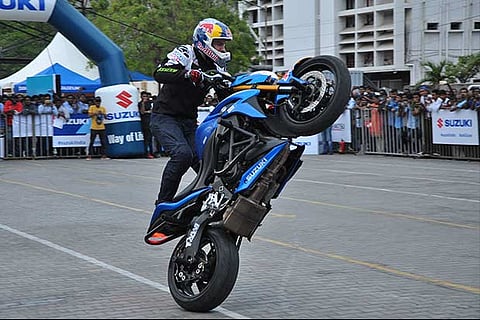 Aras Gibieza doing a wheelie during his recent visit to the city