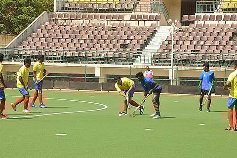 Action during the Indian Bank-ICF hockey semi-final match