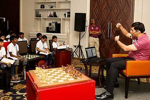 Viswanathan Anand with the trainees at a chess workshop at a city hotel