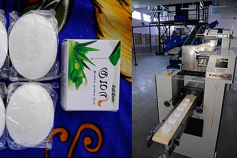A view of the well-equipped soap production unit of Khadi in Samayapuram and the finished product