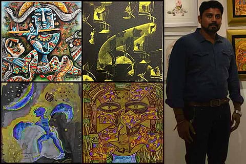 Some of the works displayed at Micro Trends and (Right) Saravanan